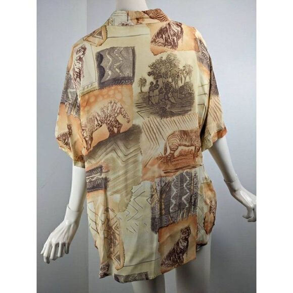 Sheer summer blouse with safari print Vintage 90s button down size medium - Picture 4 of 8